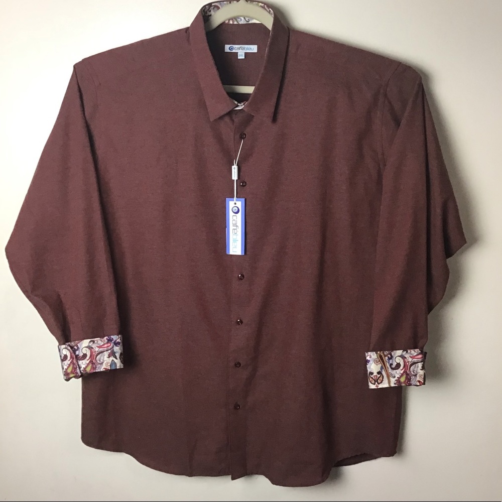 Cafe Bleu reddish brown long sleeve button up shirt with paisley cuff. 3XL
